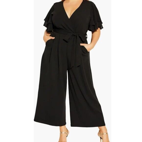 City Chic Plus Size Flutter Sleeve Wide Leg Jumpsuit Black Size Large 20 - Picture 11 of 11